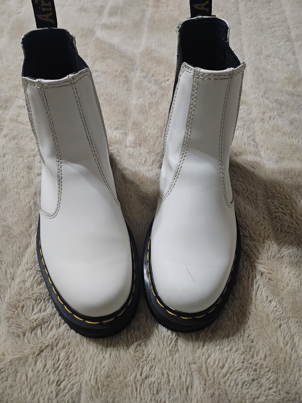 Dr Marten's Women’s White Leather Chelsea Boots with Yellow Stitching